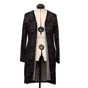 Chicos Black Silver Metallic Brocade Wool Blend Open Front Midi Cardigan SZ 2(L)